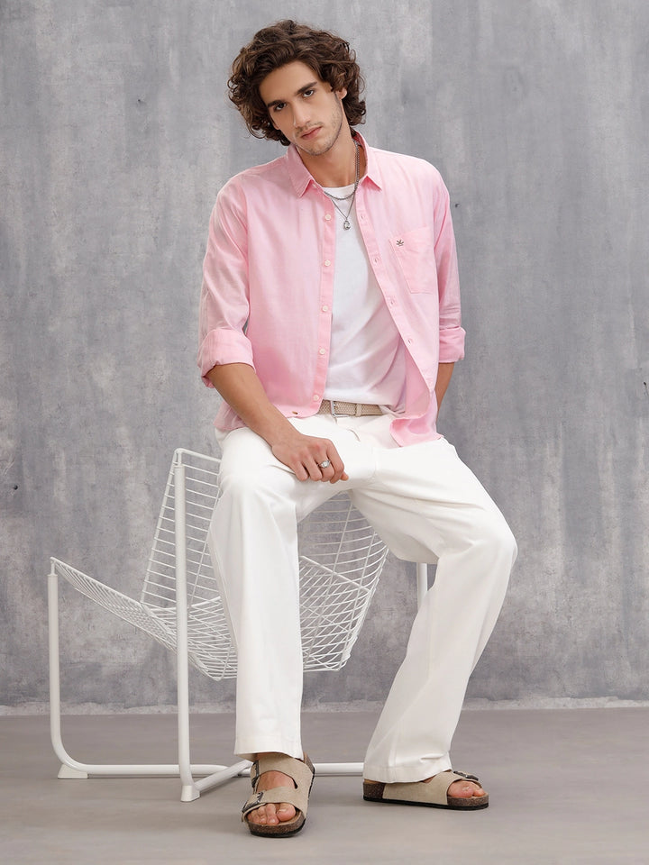 100% Cotton Slub Causal Look Slim Fit Solid Shirt | Pink
