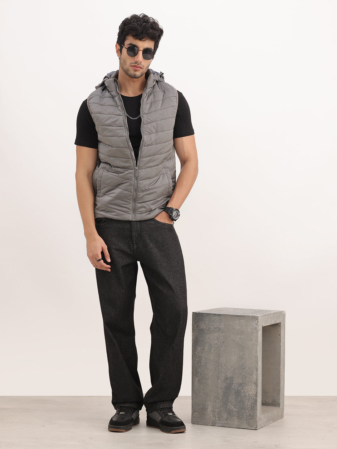 Slim Fit Cut Off Sleeve Hooded Puffer Jacker | Silver