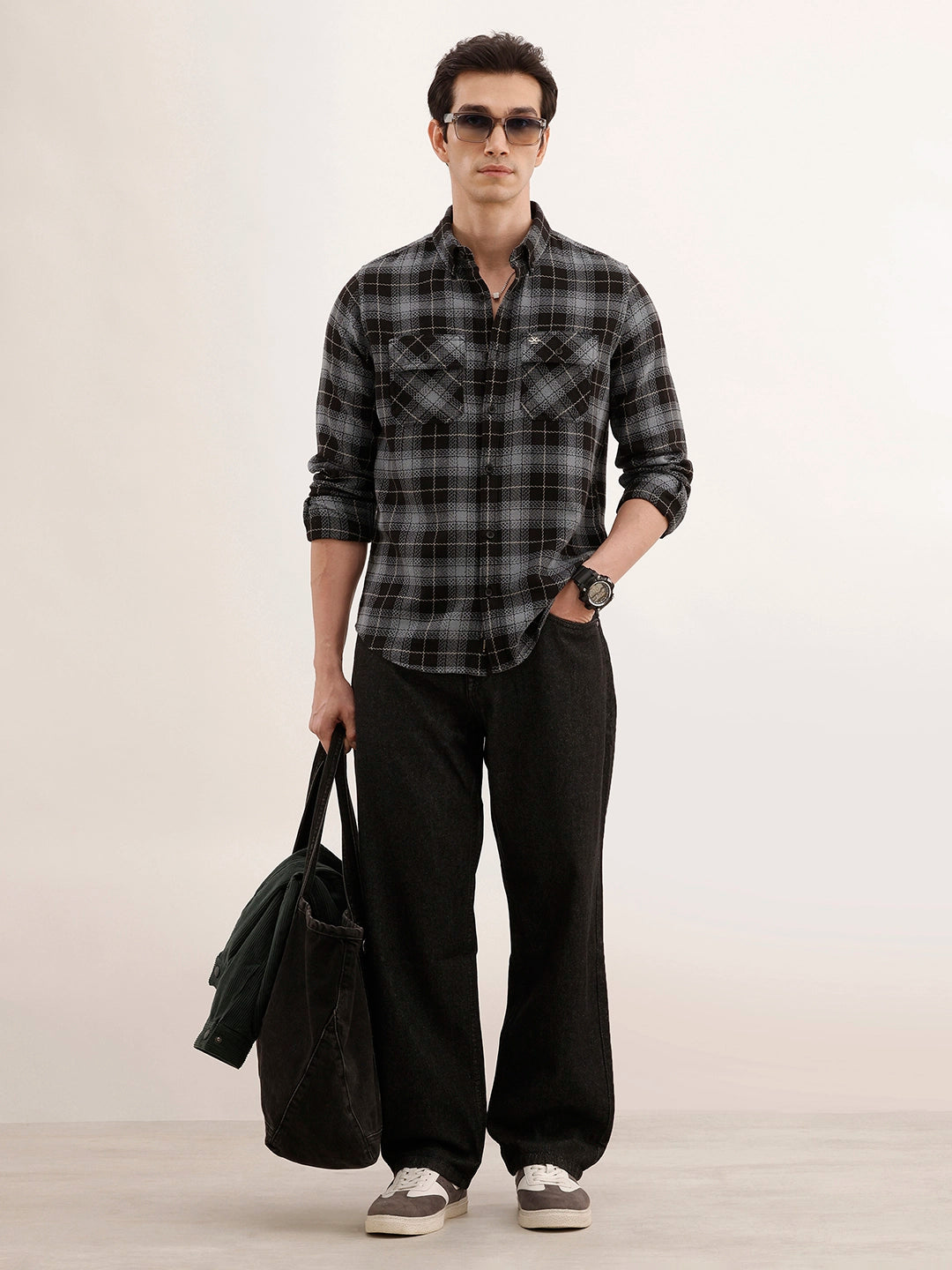 Textured Regular Fit Double Pocket Shirt | Black