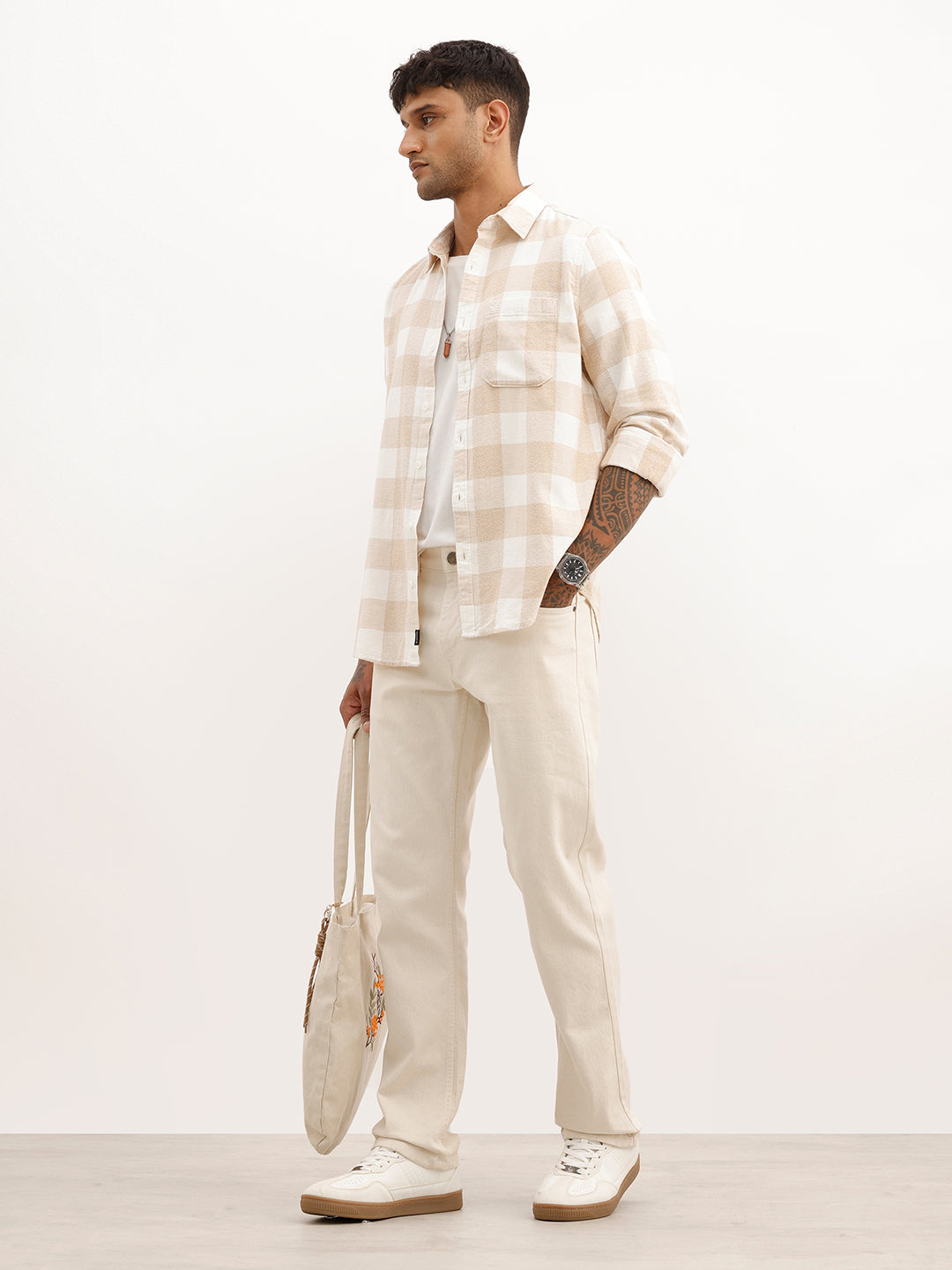 Classic Slim Fit Checkered Shirt | Beige