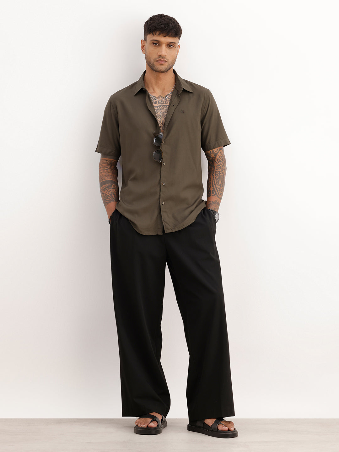 Solid Slim Fit Half Sleeve Shirt | Olive