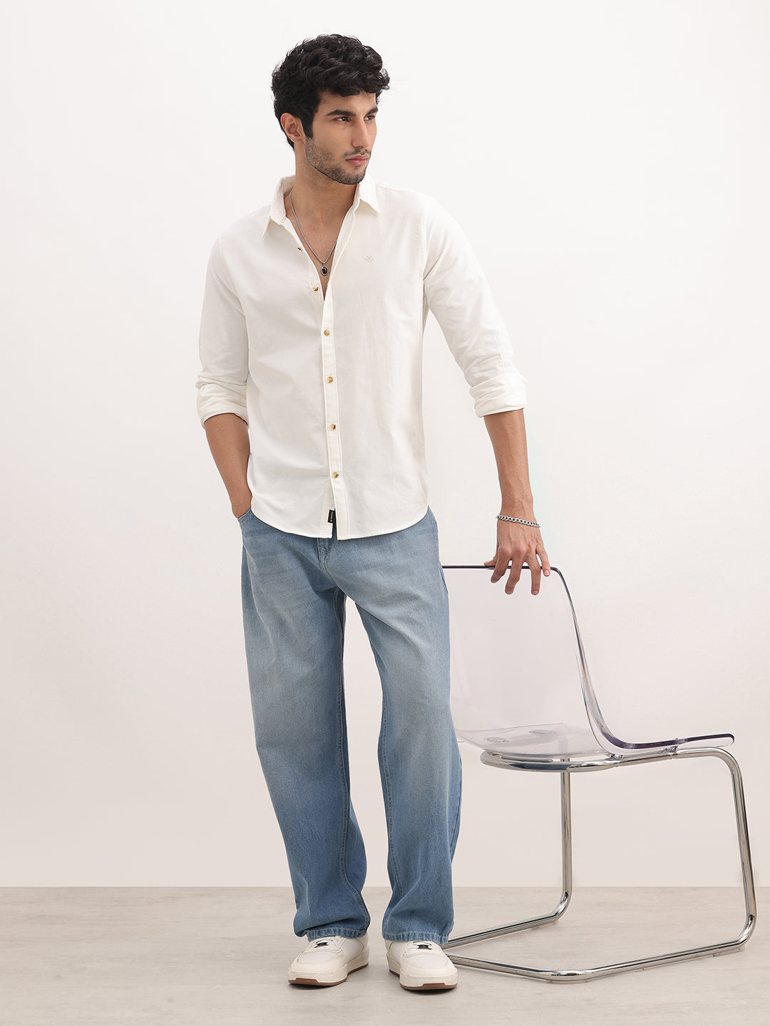 Slim Fit Solid Corduroy Shirt | White