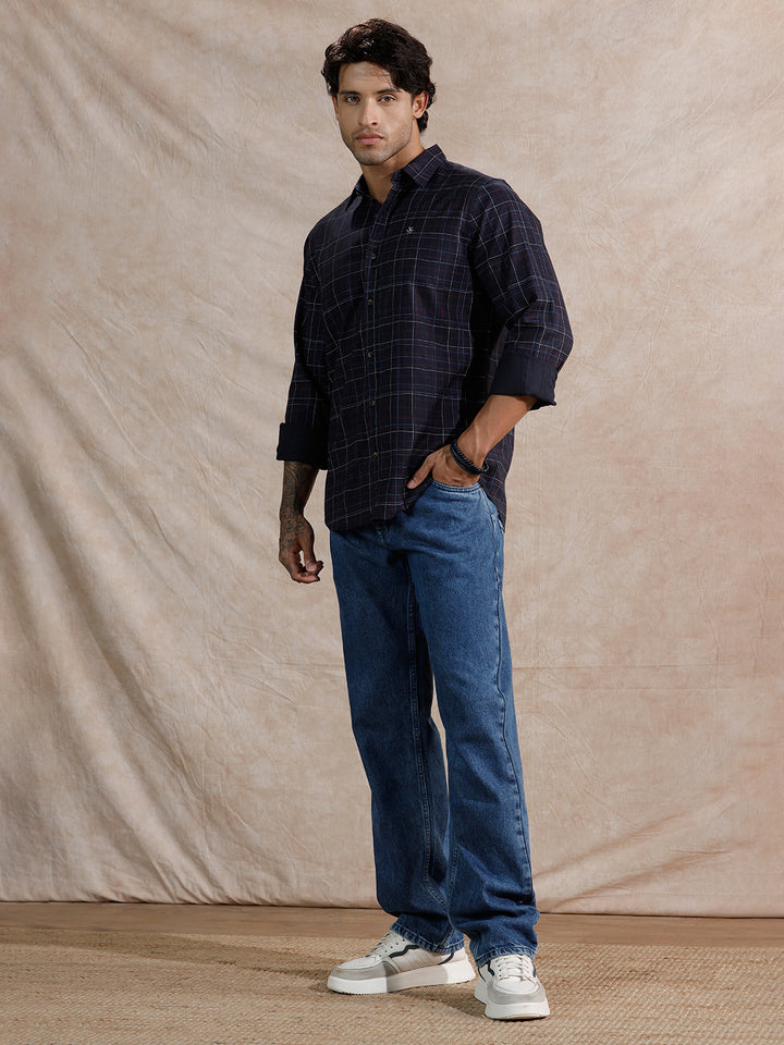 Printed Checked Regular Fit Shirt  | Navy Blue