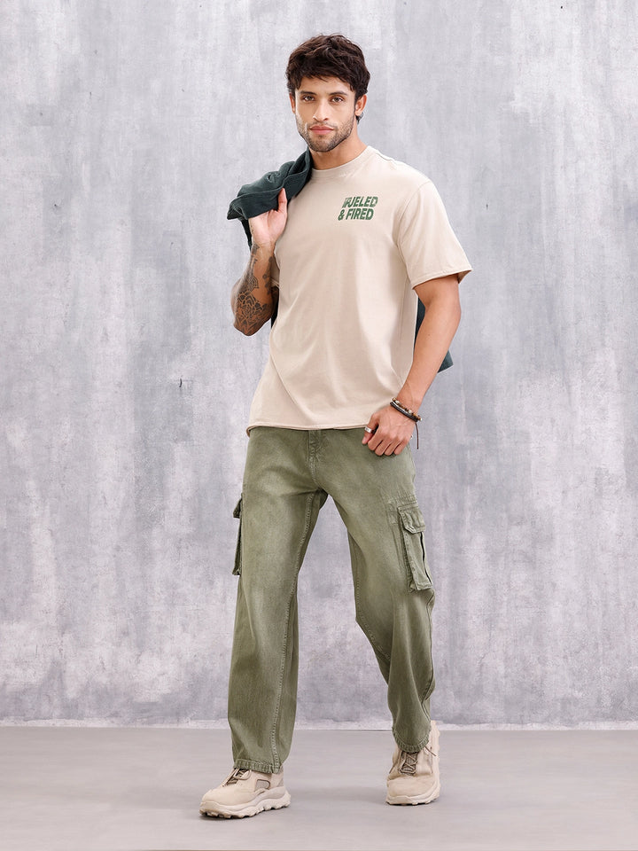 Retro Wash Graphic Printed Tshirt With Raw Edge Detail | Beige