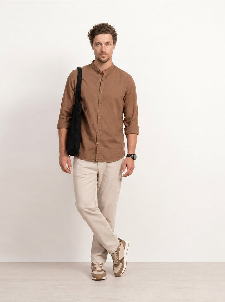 Solid Slim Fit Mandrin Collar Shirt | Brown