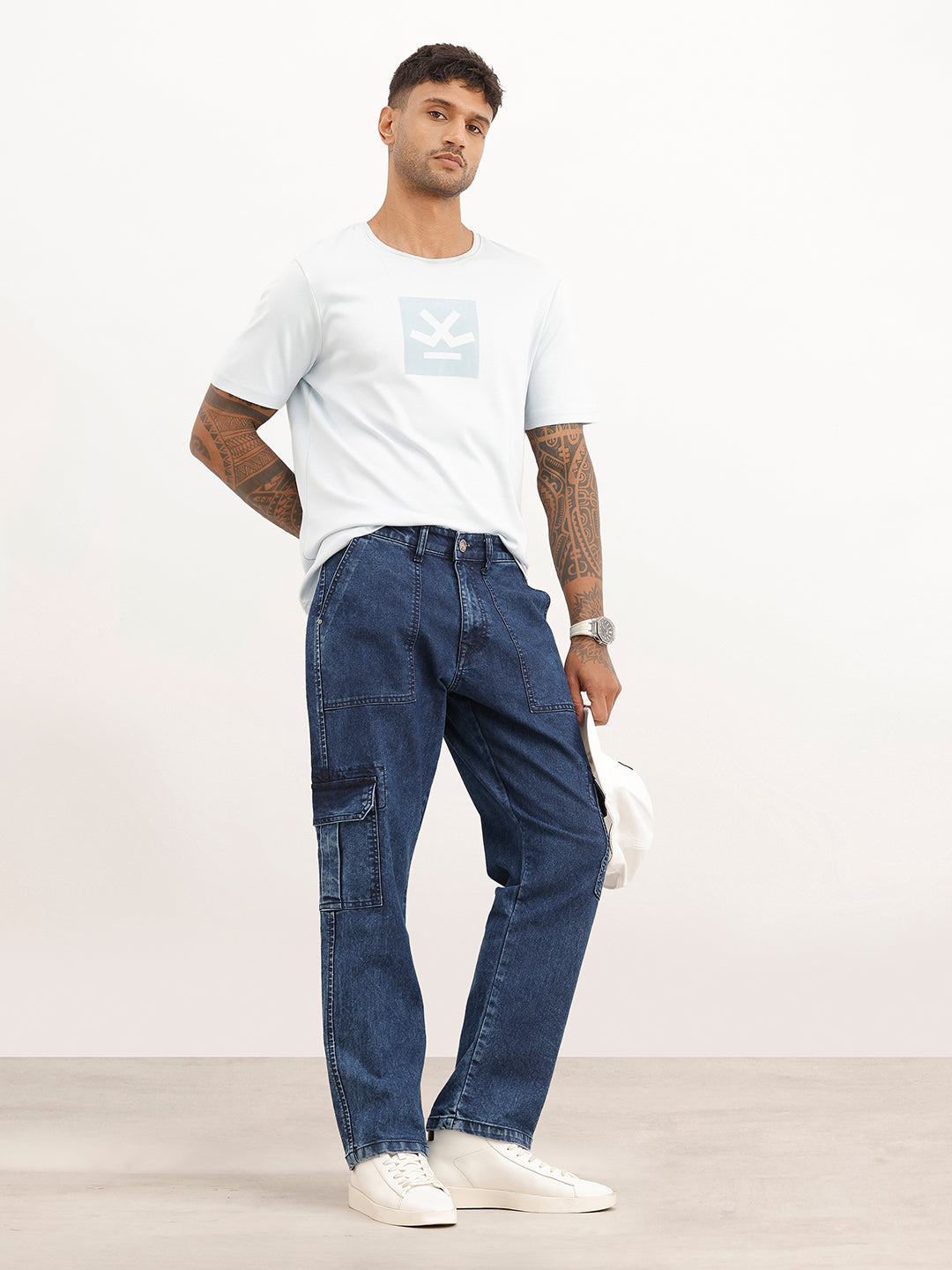 Solid Cargo Fit Denim Jeans | Light Blue | WSJN1086M