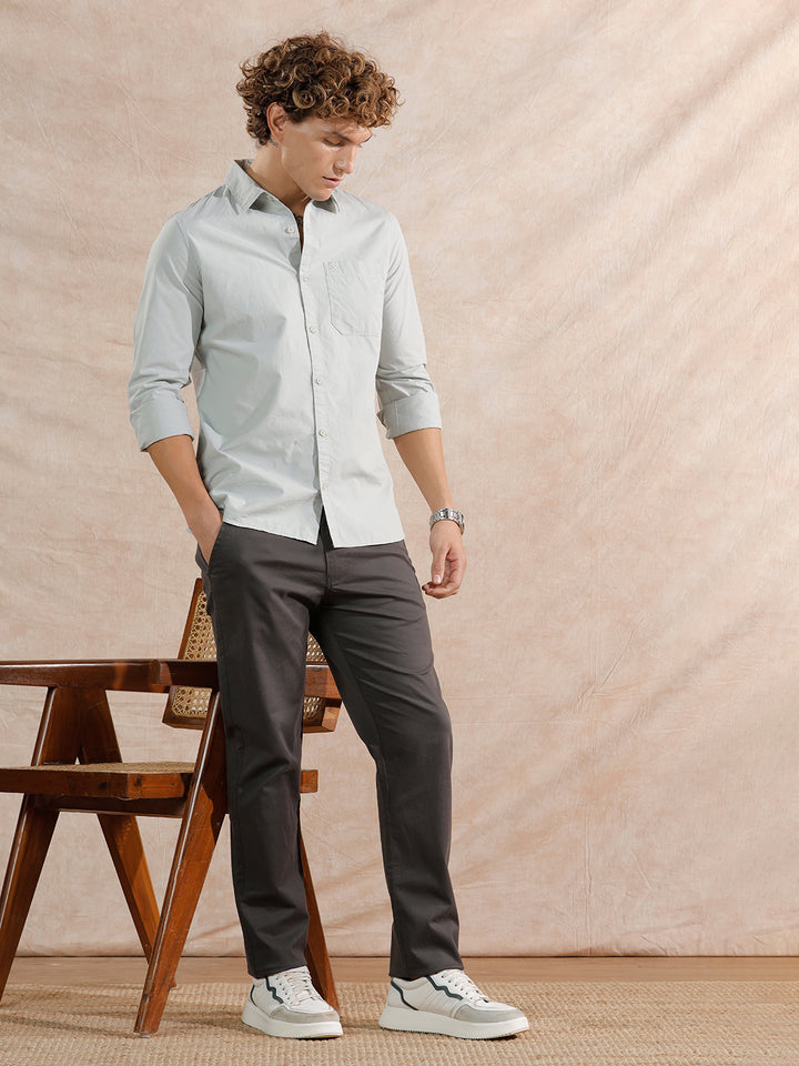 Solid Cotton Blend Trouser | Grey
