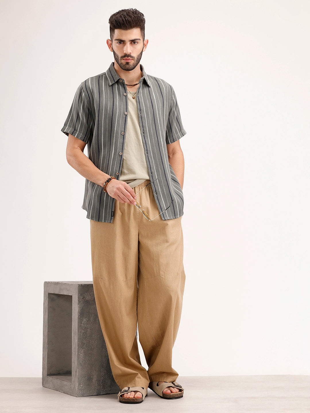 Slim Fit Striped Half Sleeve Shirt | Olive