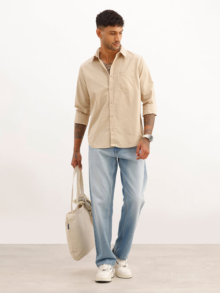 Solid Slim Fit Full Sleeve Shirt | Beige