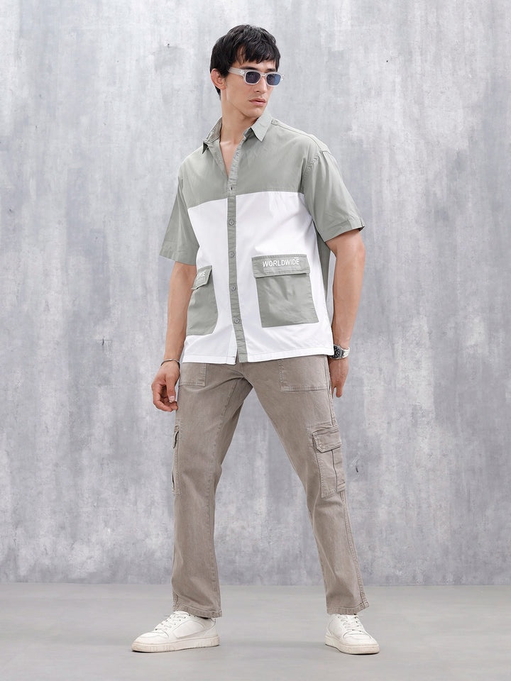 Oversized Fit Colourblock Shirt With Contrast Utility Pockets | White And Grey