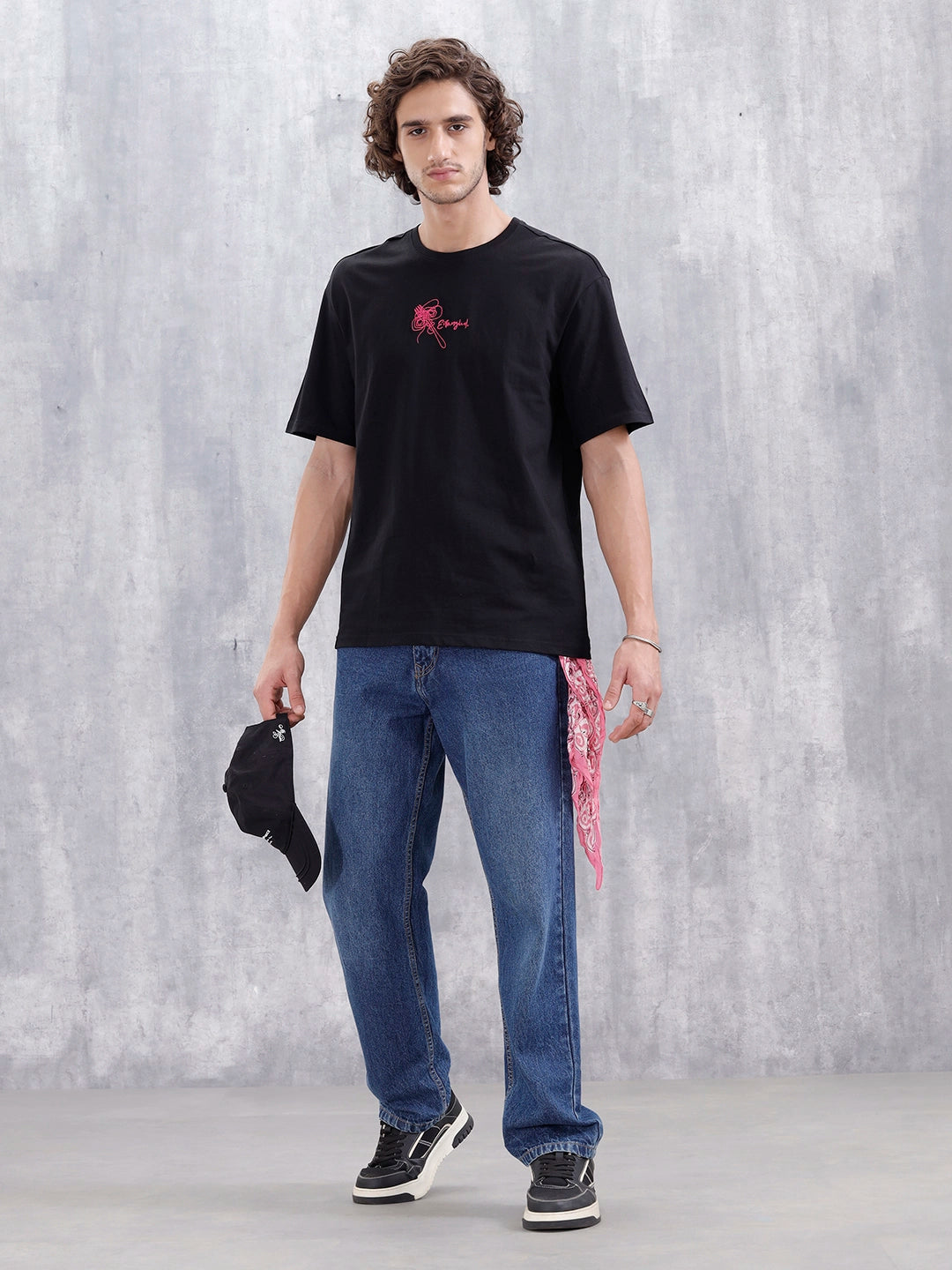 Men's Casual Embroidered Oversized Fit T-Shirt | Black