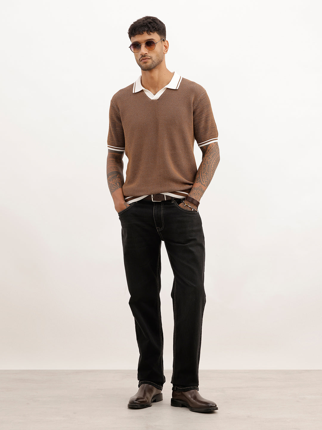 Textured Contrast Collar Polo T-Shirt | Beige