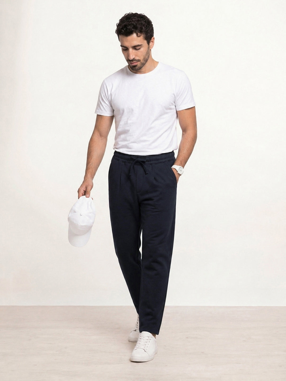 Solid Loose Fit Pleated Jogger | Navy Blue