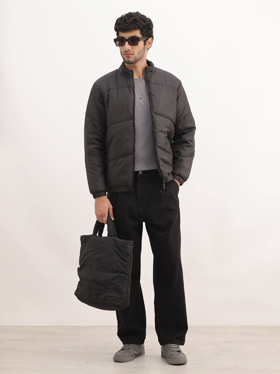 Solid Regular Fit Zipper Puffer Jacket | Black