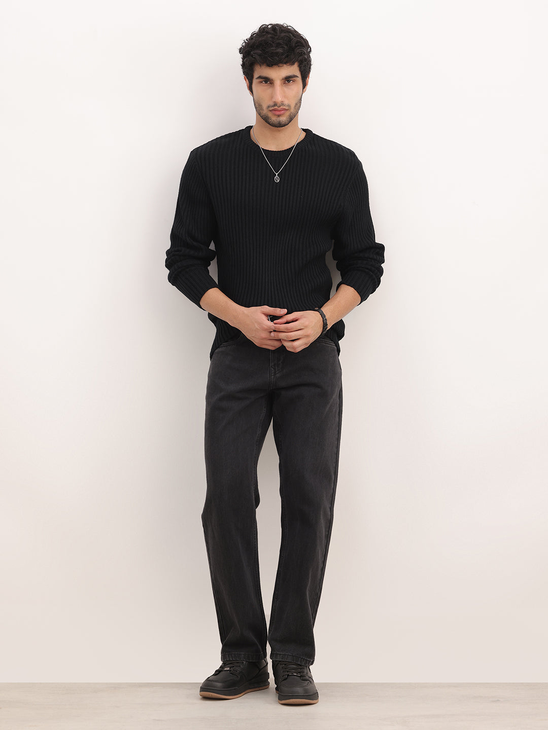 Textured Comfort Fit Knitted Sweater | Black