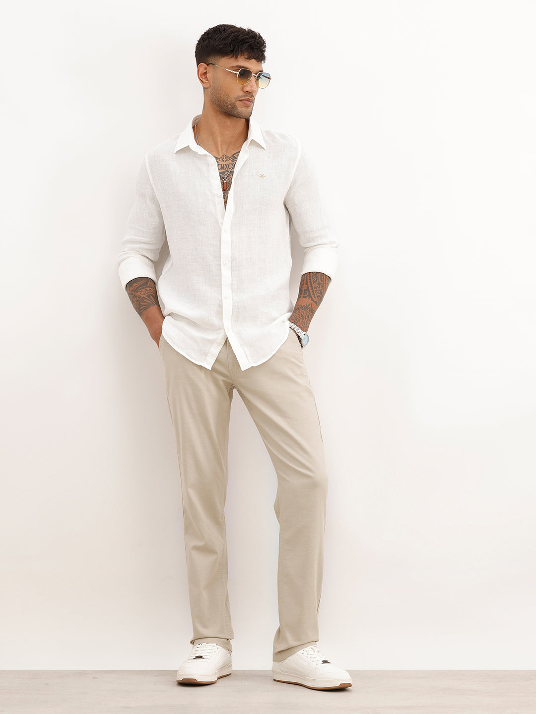 Solid Straight Fit Cotton Trousers | Off White