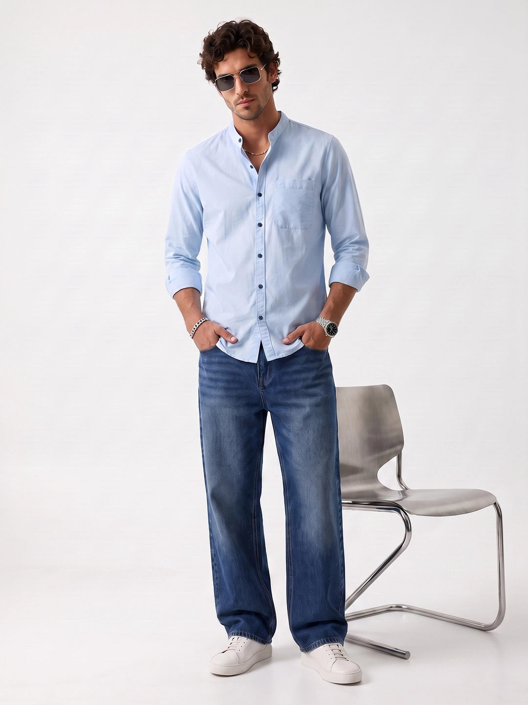 Solid Slim Fit Mandrin Collar Shirt | Blue
