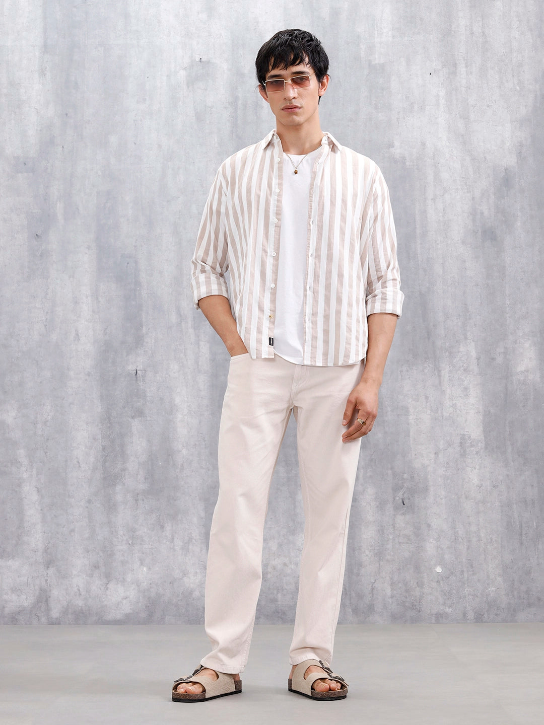 Comfort Fit Striped Casual Shirt For Men | Beige
