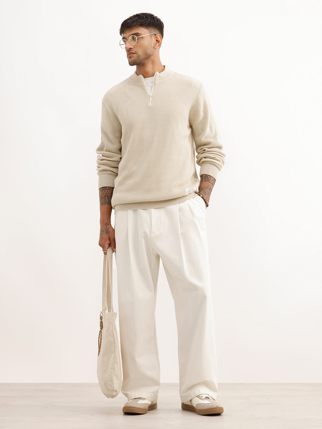 Regular Fit Textured Quater Zipper Sweater | Beige