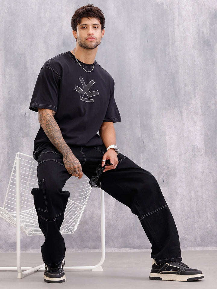 Contrast Stitch Detail Oversized Fit T-shirt With Logo Embroidery | Black