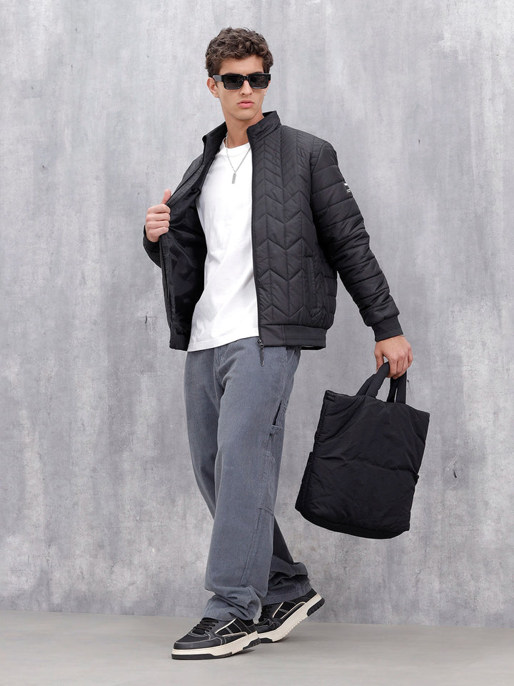 Casual Regular Fit Stand Collar Puffer Jacket | Black
