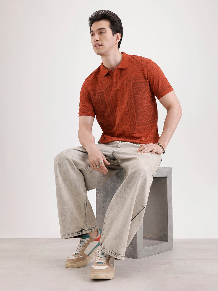 Slim Fit Pannel Printed Polo T-Shirt  | Rust
