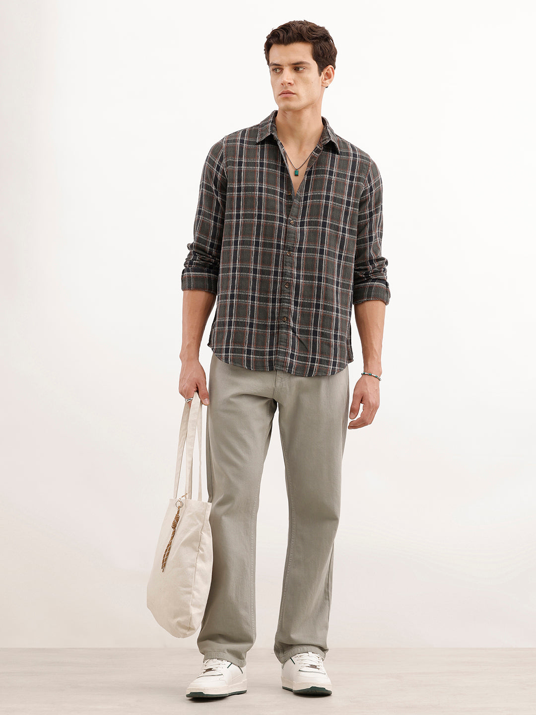 Textured Slim Fit Checekerd Shirt  | Olive