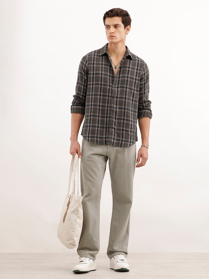Textured Slim Fit Checekerd Shirt  | Olive