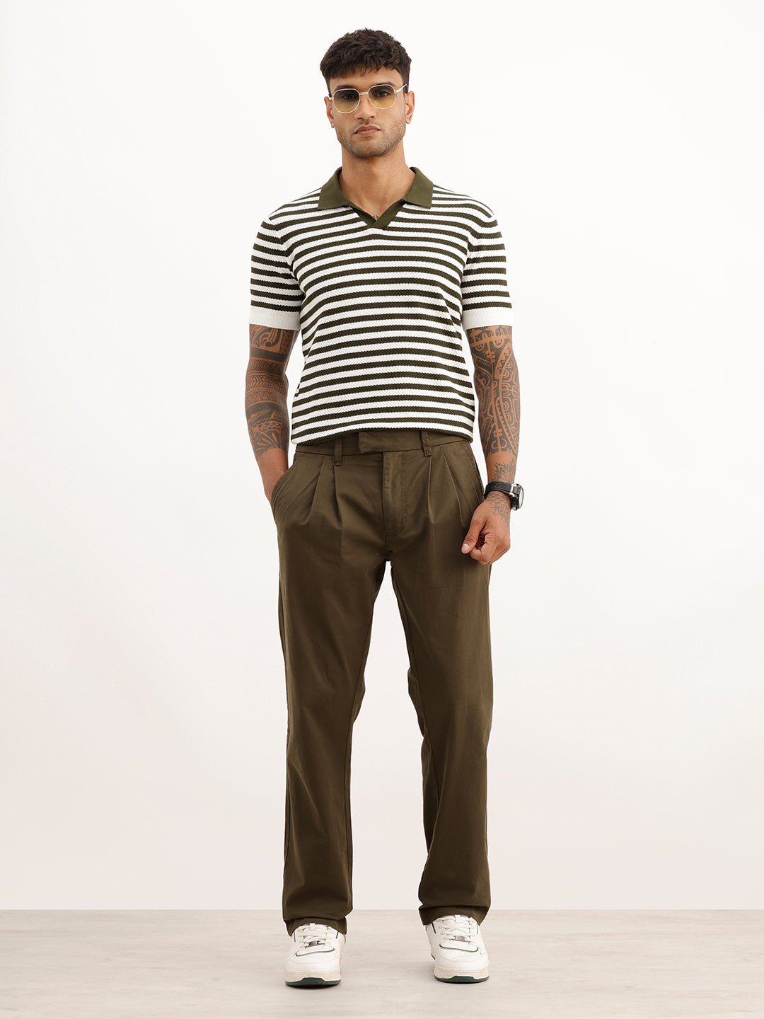 Solid Anti Fit Double Pleated Trouser | Olive