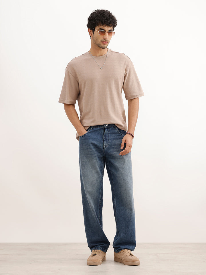 Solid Oversized Textured T-Shirt | Brown