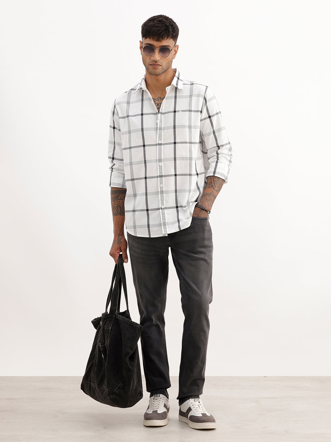 Textured Slim Fit Checkered Shirt | White