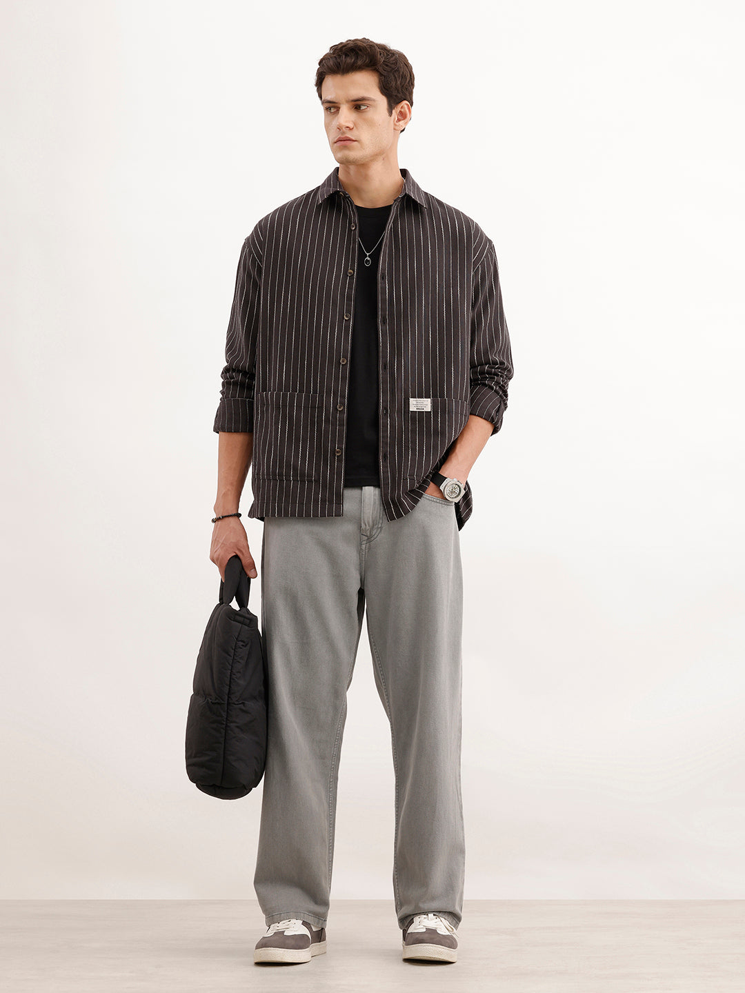 Oversized Fit Striped Double Pocket Shirt  | Black