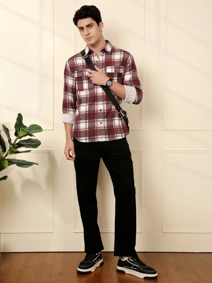 Brown & White Checked Cotton Shirt