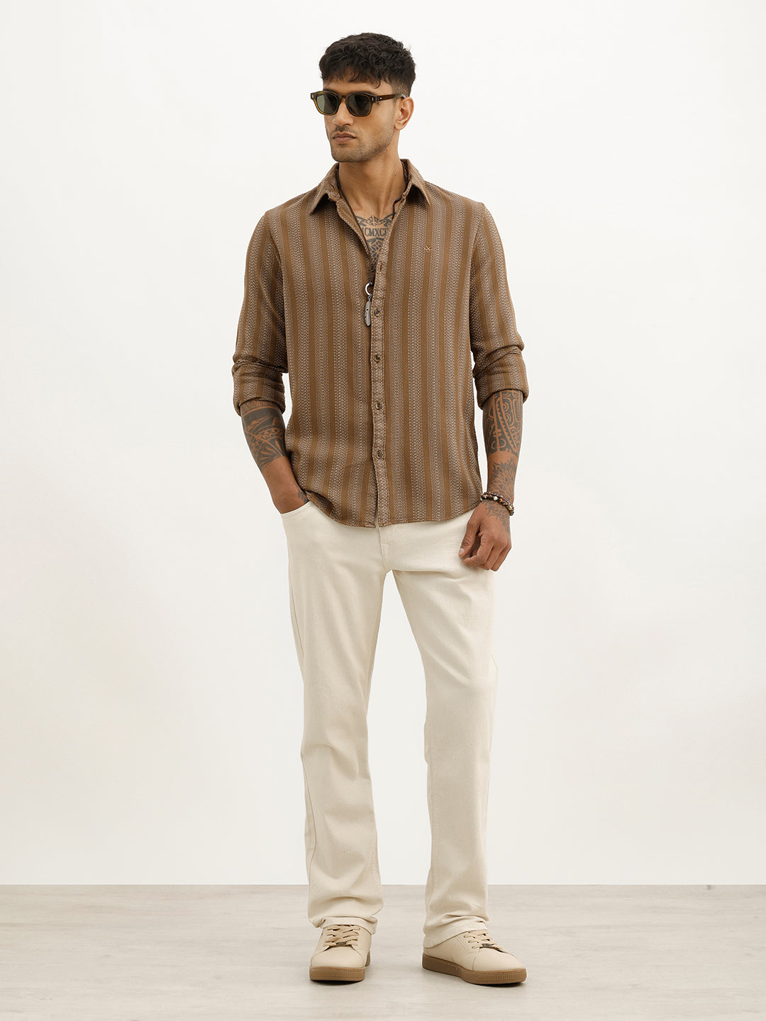 Classic Slim Fit Textured Stripe Shirt | Brown