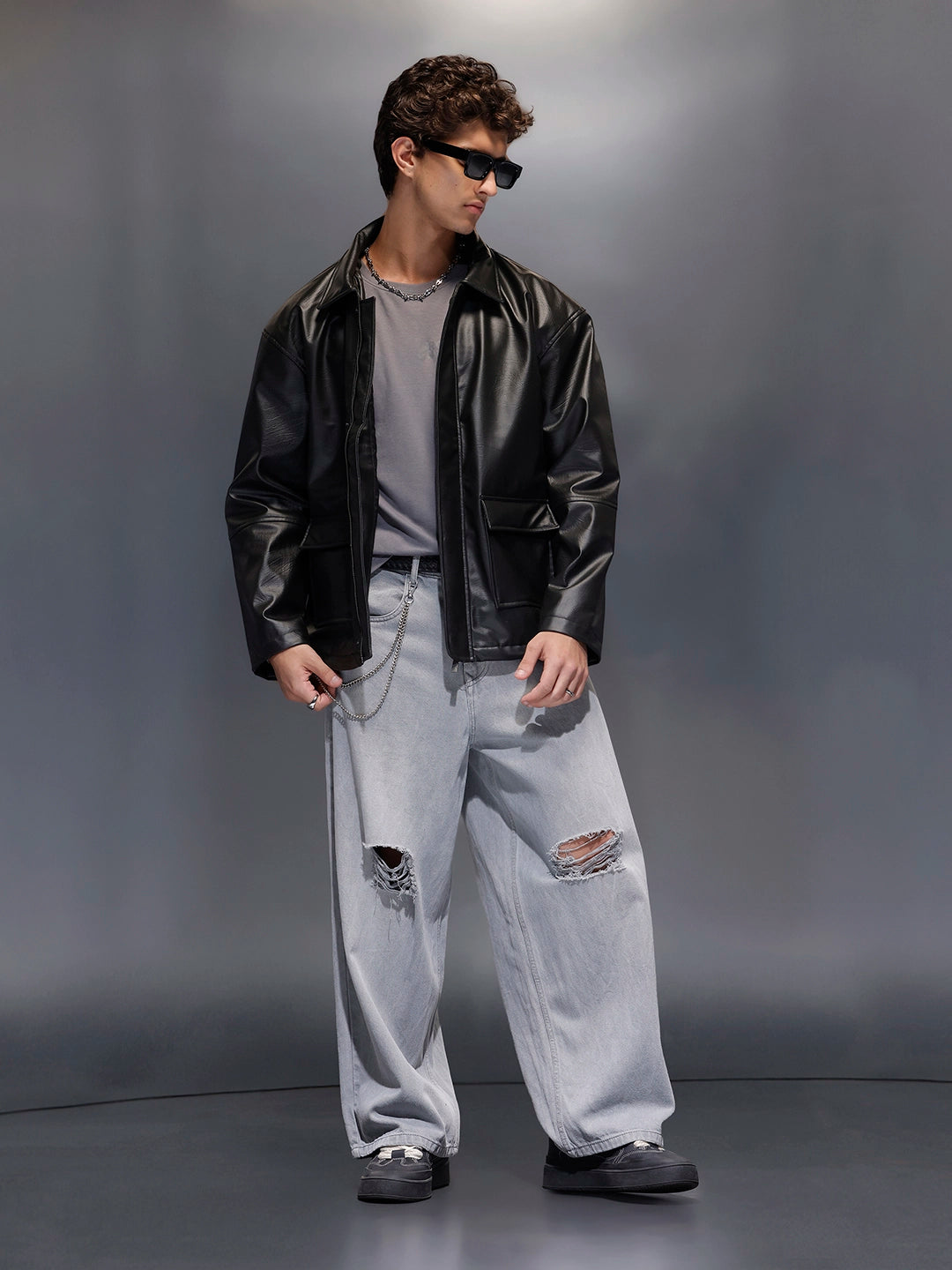 Men's Relaxed Fit Collared Fit PU Jacket  |  Black