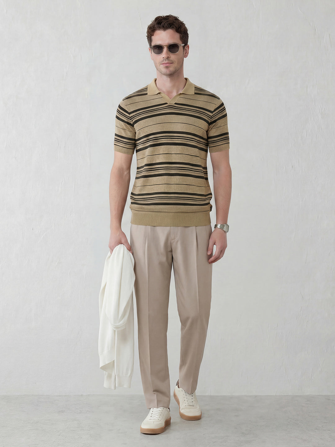 Striped Knitted Johnny Collar Polo Tee | Beige
