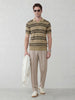 Striped Knitted Johnny Collar Polo Tee | Beige