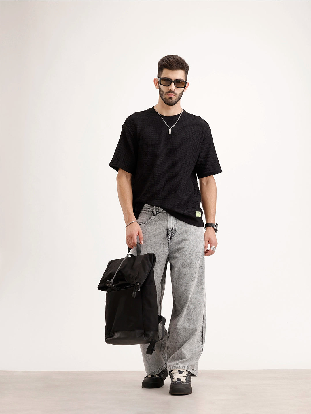 Solid Oversized Textured T-Shirt | Black