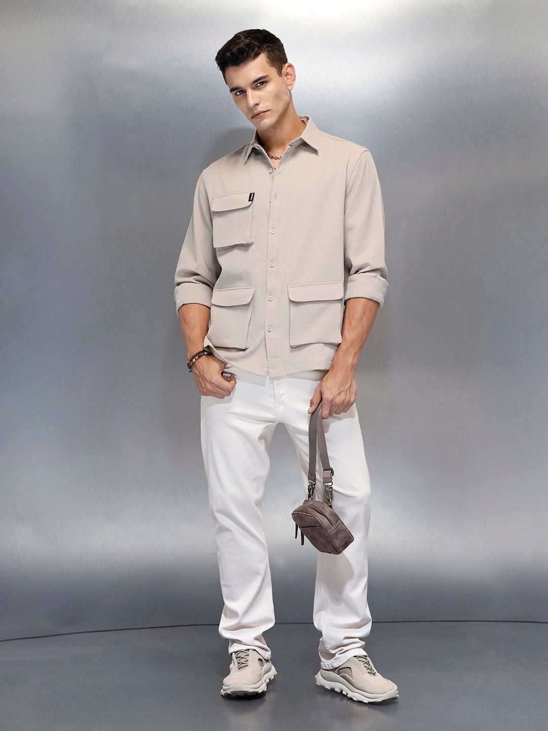 Men's Casual Comfort Fit Utility Pockets Shirt | Beige