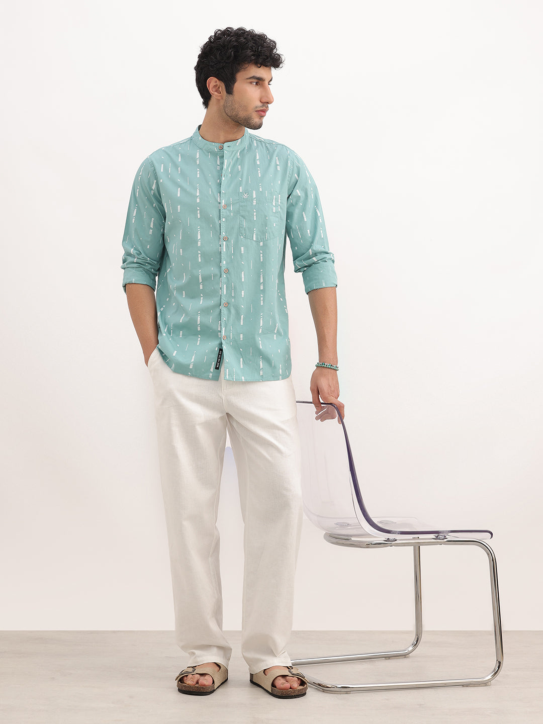 Slim Fit AOP Mandrin Collar Shirt | Green