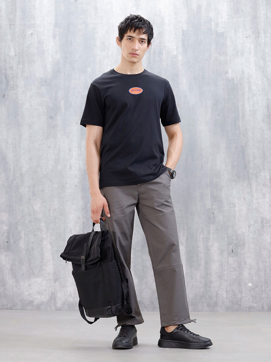 Wrogn Men's Badge Printed Graphic T-Shirt | Black