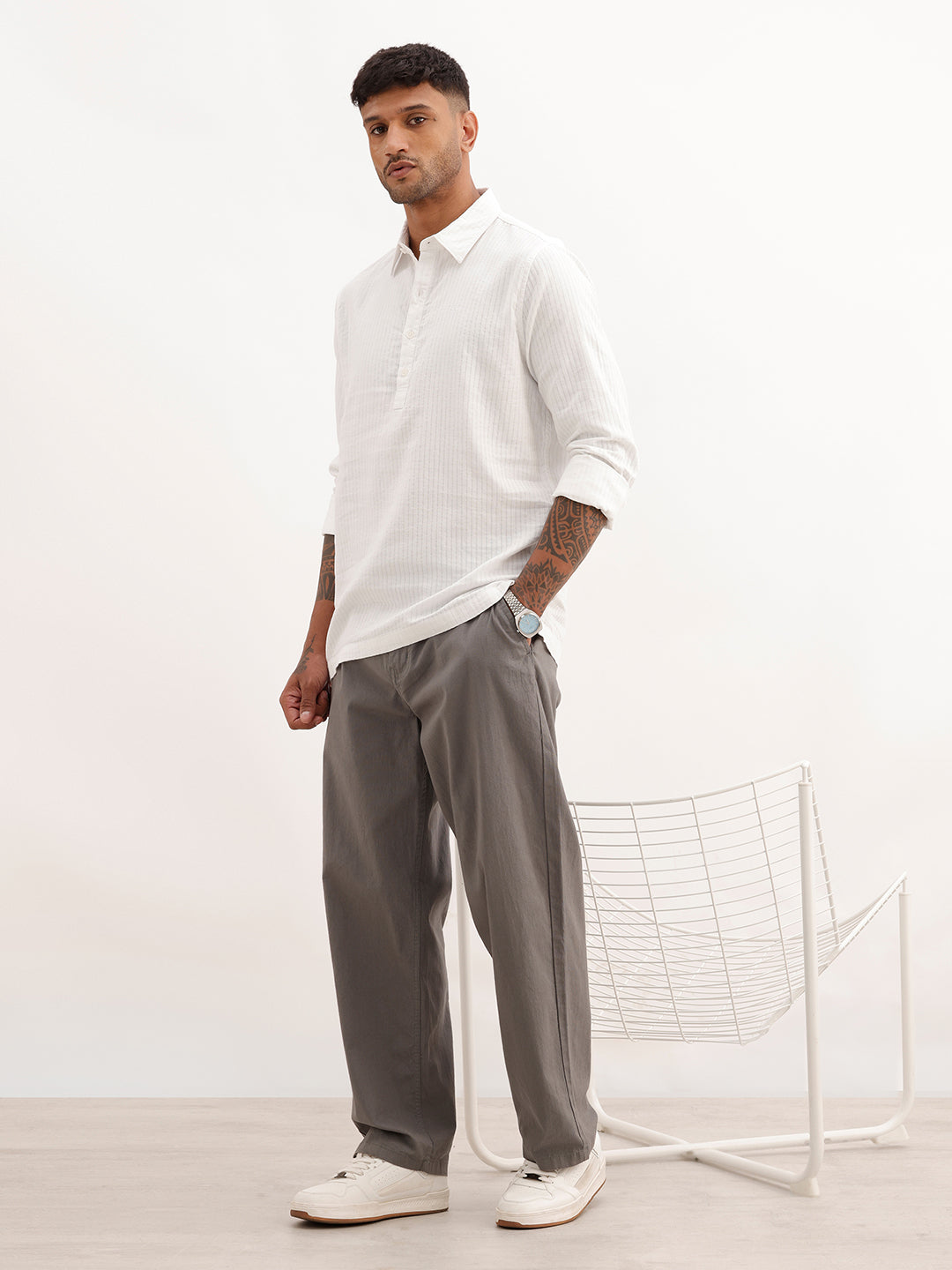Textured Half Placket Full Sleeve Shirt | White