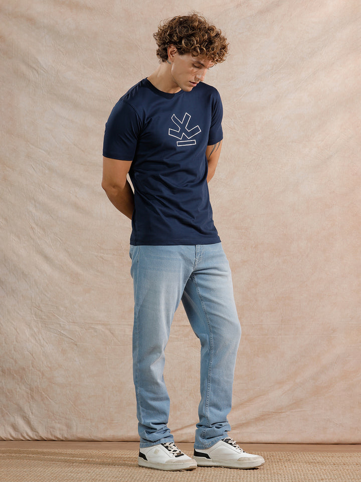 Silver Foil Print Slim Fit T-Shirt | Navy Blue
