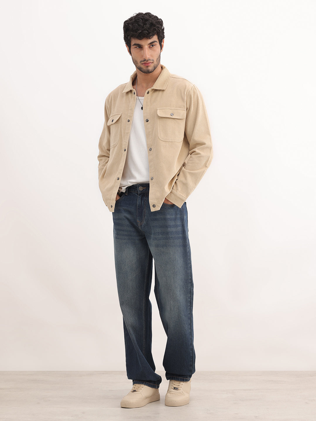 Solid Regular Fit Double Pocket Corduroy Jacket | Beige