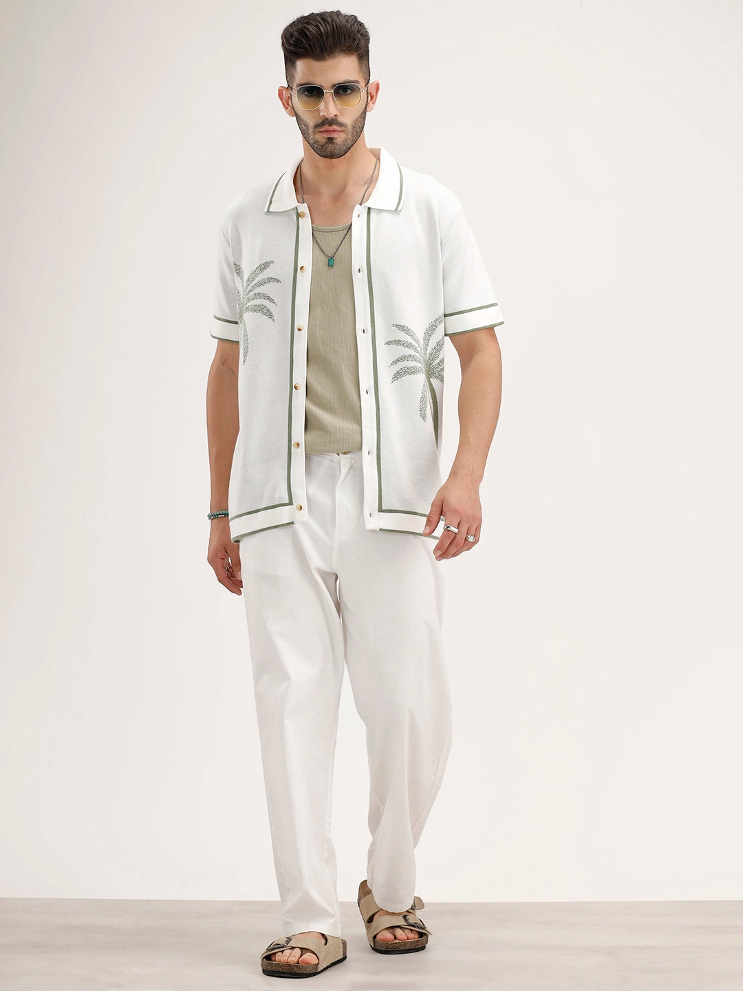 Slim Fit Jacquard Resort Collar Shirt | Off White