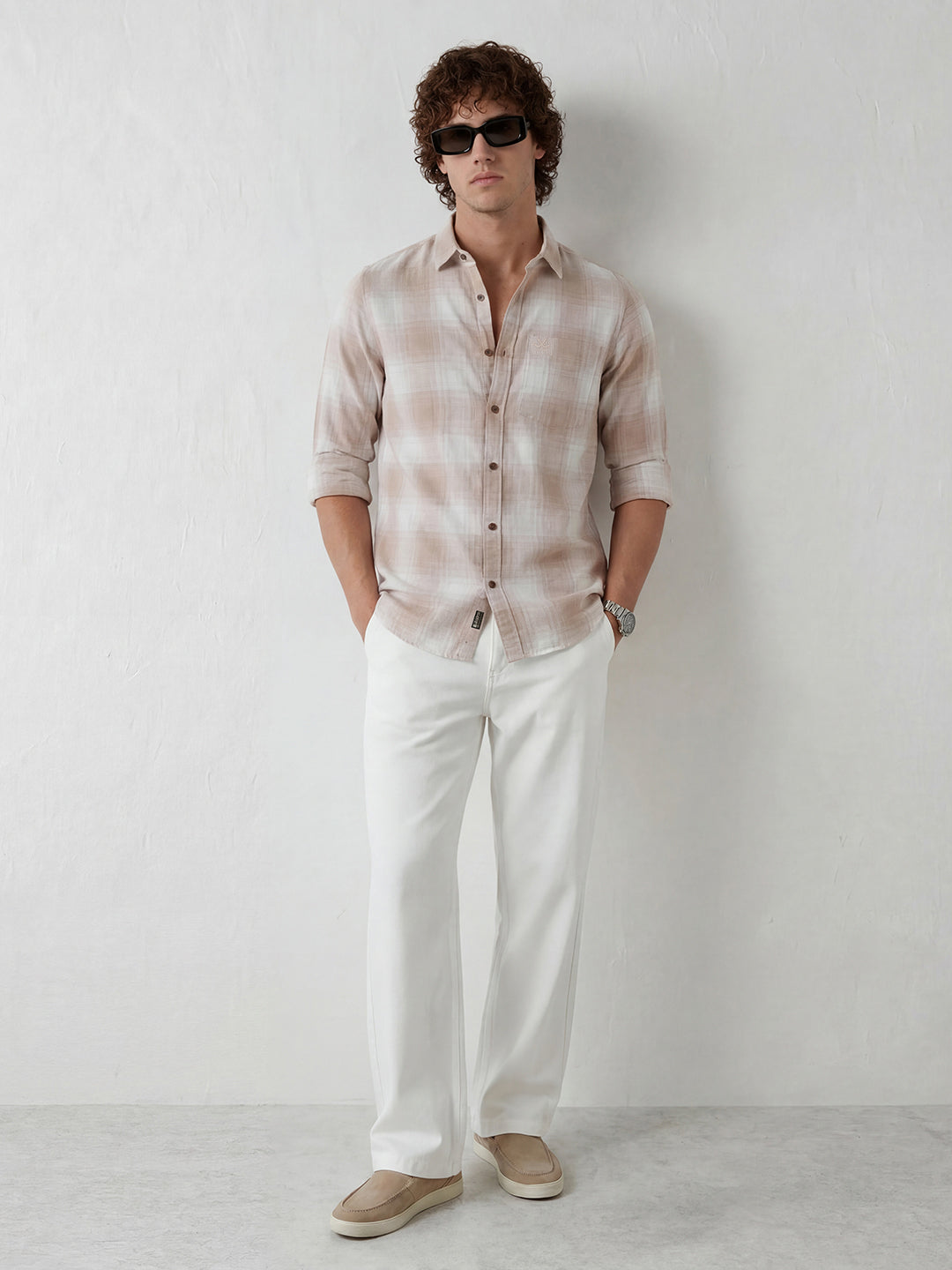 Classic Regular Fit Checkered Shirt | Beige