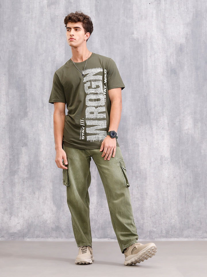 Distressed Yarn Look Brand Carrier Crew Neck In Slim Fit | Olive