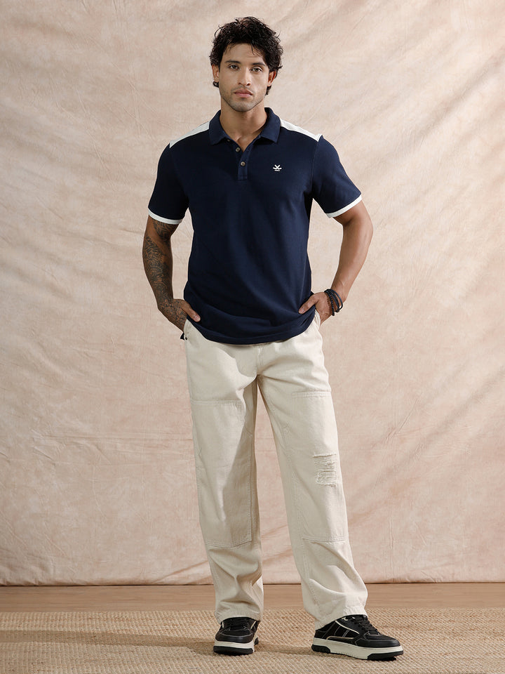 Contrast Colour Blocked Polo T-Shirt  | Navy Blue