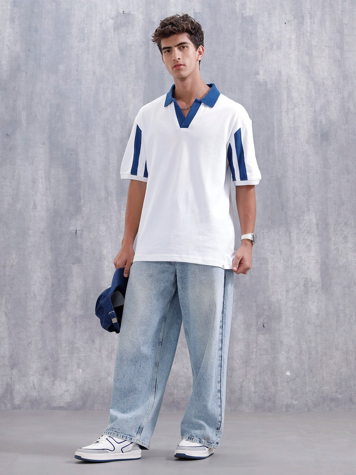 Oversized Johnny Collar Sporty Polo T-Shirt | White