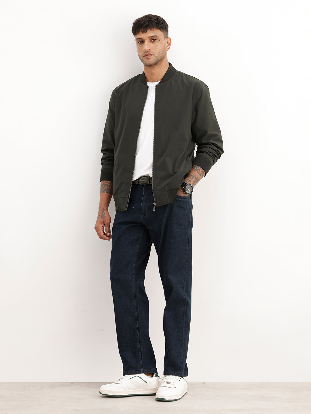 Solid Regular Fit Zipper Jacket | Olive